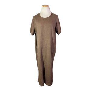 Cotton Connection Size L Brown Short Sleeve Linen Dress Pockets
